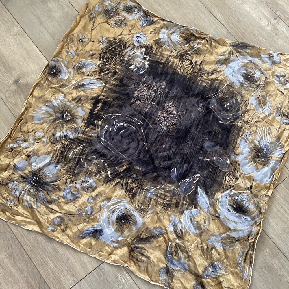 Large square silk scarf black grey silver gold